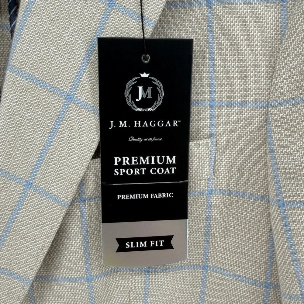J.M. Haggar Sport Coat Mens 42S Tan Blue Windowpane Check Slim Fit Cotton Blazer